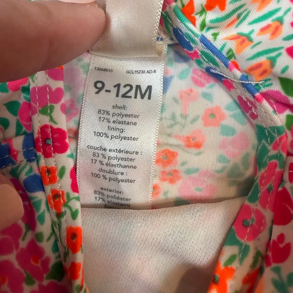 OshKosh Floral Neon Swimsuit Peplum Ruffle Baby Girl 9-12 Months One Piece